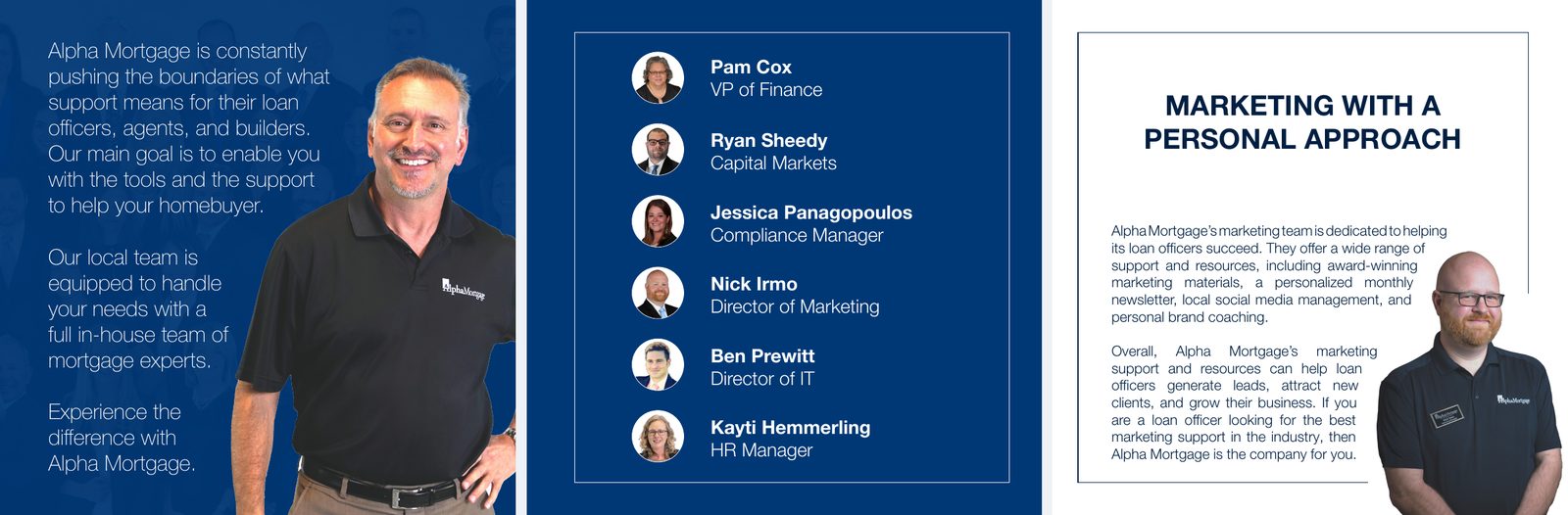Welcome spread, the leadership page and the marketing team introduction