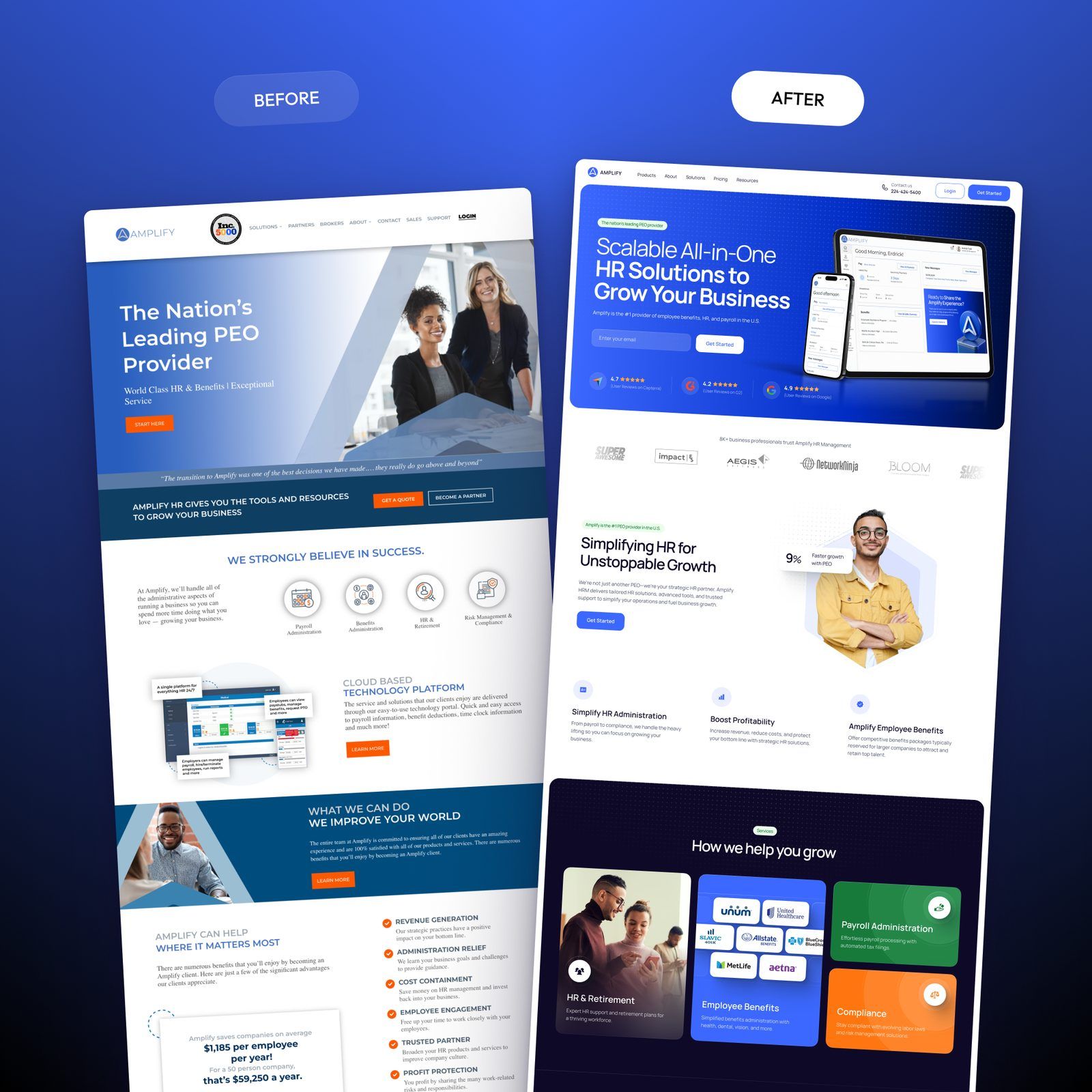 Amplify HR homepage before and after the rebrand