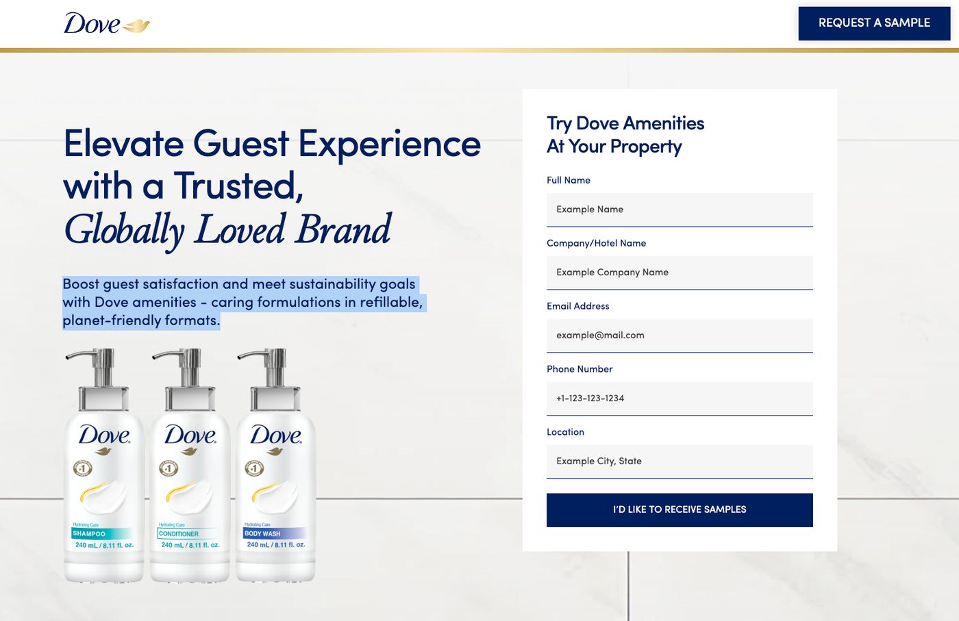 Dove hotel amenities landing page