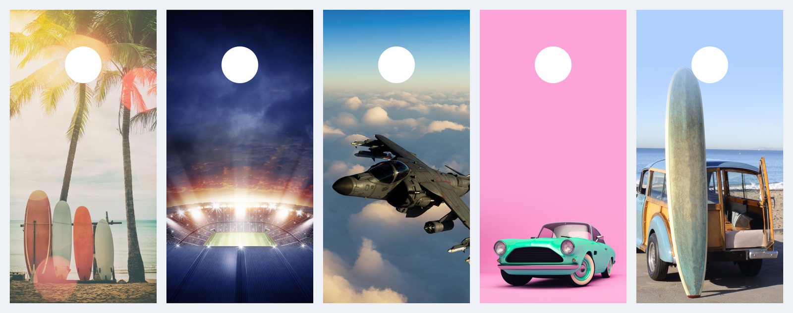Cornhole board design line: surf, stadium, jet, husky, classic car