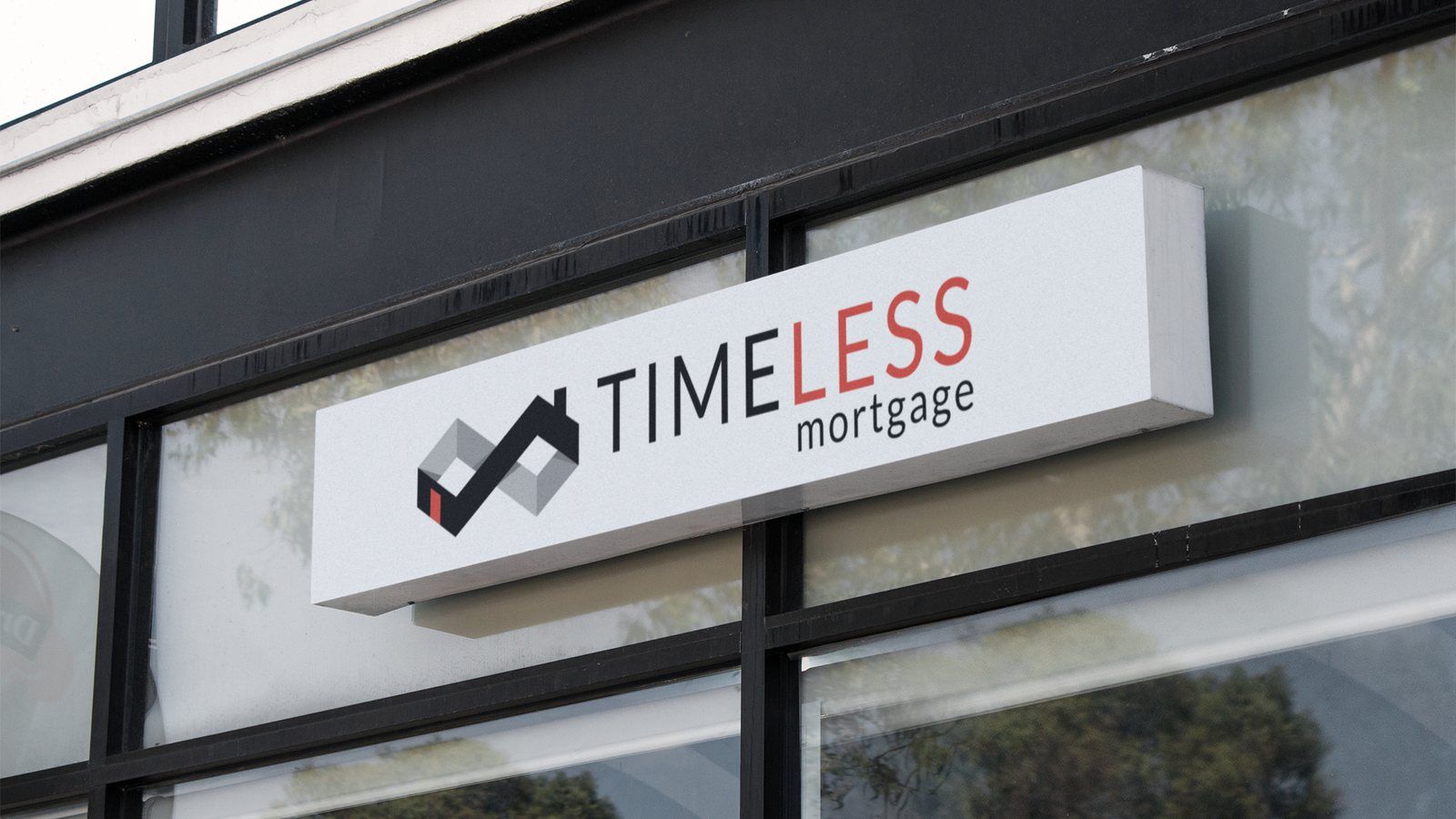 Storefront signage with the final Timeless Mortgage mark